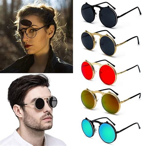 Vintage Retro Flip Up Steampunk Sunglasses Men Women Metal Round Eyewear Glasses Save Money With