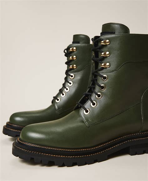 Tie Up Leather Combat Boots Woman Green Twinset Milano