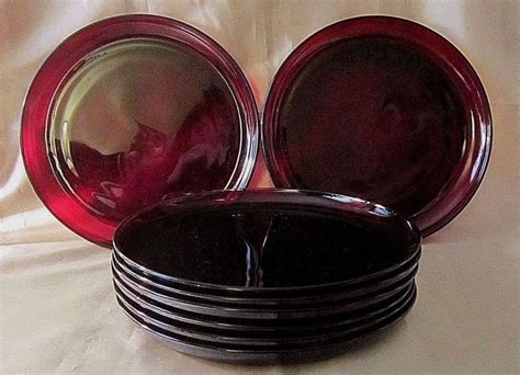 8 Pc Set Of 9 Dinner Plates Tempered Cranberry Glass Round W