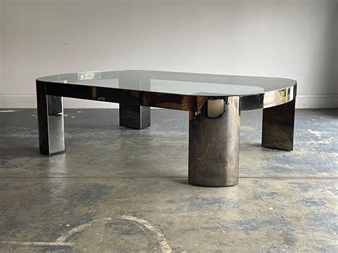 Monumental Karl Springer ‘banker’ Coffee Table In Polished Gunmetal And Glass For Sale At 1stdibs