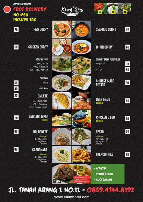 Pembuat menu restoran dari canva ini membantu anda mengubah beberapa foto makanan dan kalimat persuasif menjadi menu restoran profesional yang sempurna hanya dalam beberapa menit, sehingga anda bisa kembali ke dapur. Kings Cafe Jakarta: Daftar Menu Makanan Terbaru (Price List Info)