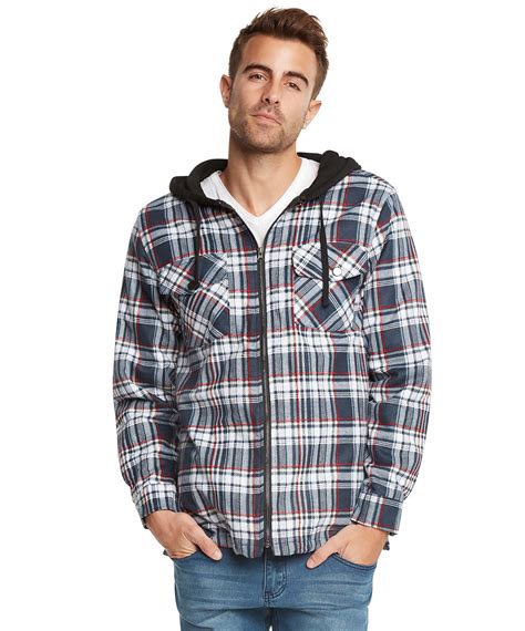 9 Crowns Mens Quilted Lightweight Plaid Flannel Hoodie Jacket