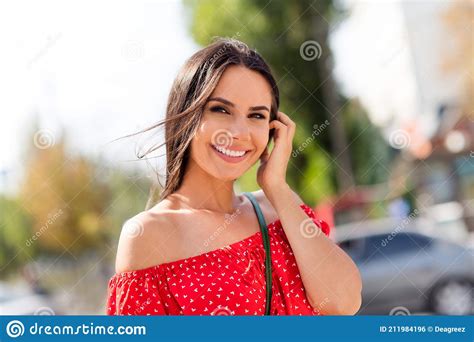 Photo Portrait Of Happy Adorable Brunette Smiling On The Street In