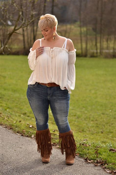 Curvy Claudia Sheer Blouse And Fringe Boots Chubby Fashion Curvy