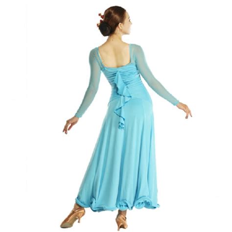 women s v neck long mesh sleeves ballroom dancing dress full skirt turquoise