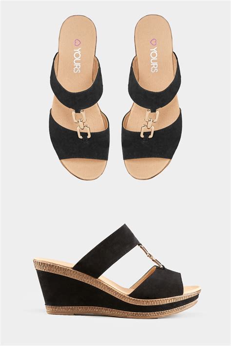 Black Gold Tone Detail Wedge Mules In Extra Wide Fit Yours Clothing