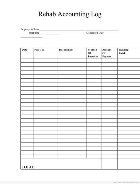 Free Rehab Accounting Log Form Printable Real Estate Forms Real