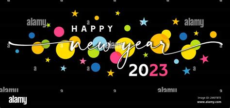Happy New Year 2023 Greetings Card With Swirl And Colored Stars On
