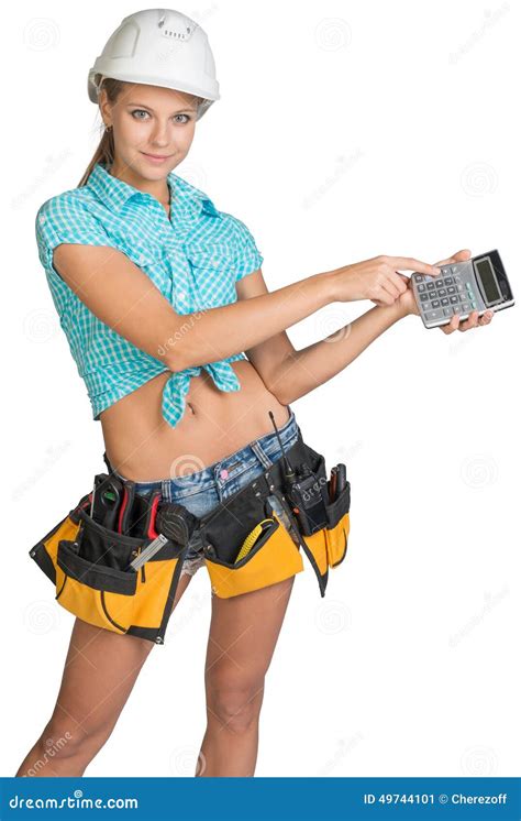 Woman In Hard Hat And Tool Belt Showing Calculator Stock Image Image