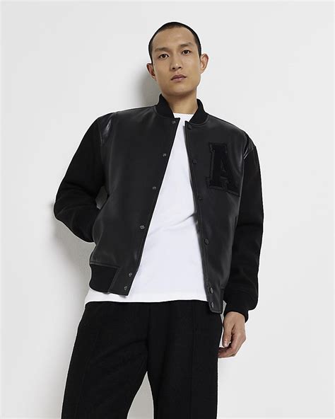 River Island Black Faux Leather Long Sleeve Varsity Jacket For Men Lyst