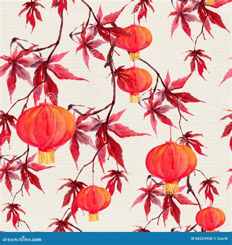 Red Maple Branch With Paper Lantern Chinese Seamless Pattern