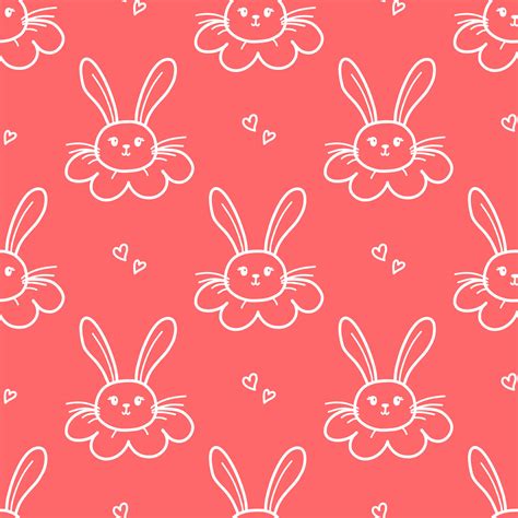Cute Bunny Seamless Pattern Hand Drawn Doodle Rabbit Face And Hearts
