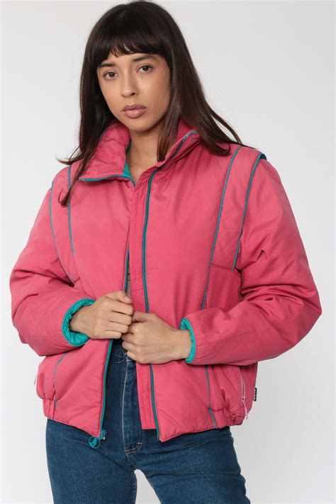 Pink Puffer Jacket White Stag Ski Jacket Retro 80s Striped Puffy Coat Winter 70s Color Block