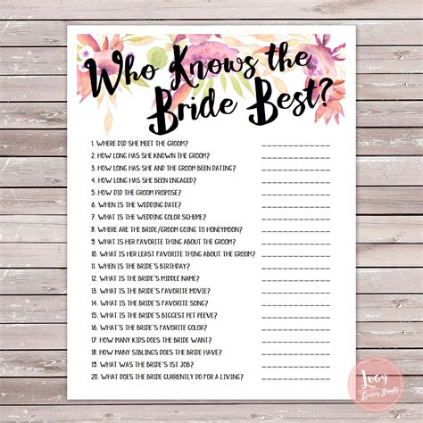Who Knows The Bride Best Printable Game Etsy