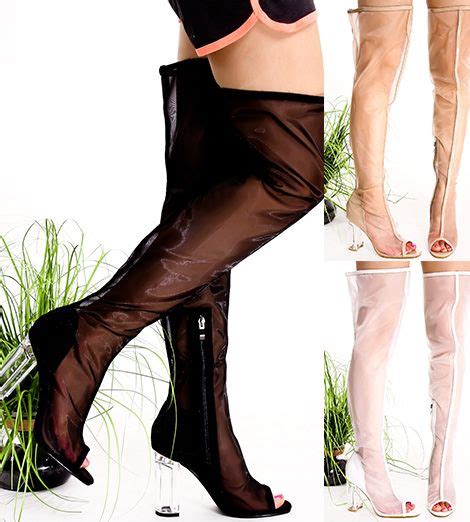 These Thigh High Chunky High Heel Boots Feature A Mesh