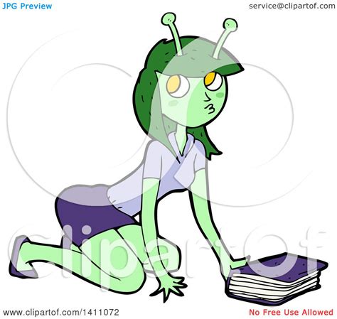 Clipart Of A Cartoon Female Alien Kneeling By A Book Royalty Free