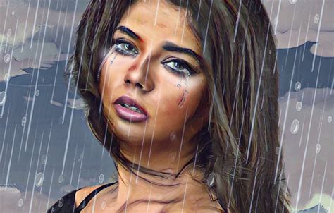 Wallpaper Look Sadness Loneliness Rain Face Hair Girl Brunette Beautiful The Shower