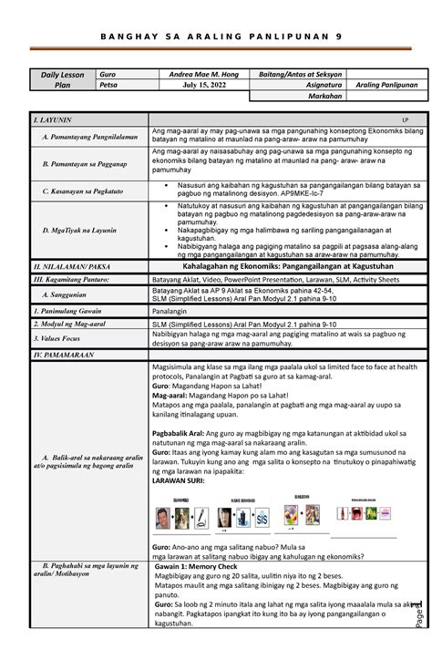 Banghay Aralin Sa AP Sample Lesson Plan B A N G H A Y S A A R A L I N G P A N L I P U N A N