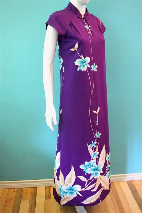 hawaiian dress 1970 s purple floral print maxi malihi… gem
