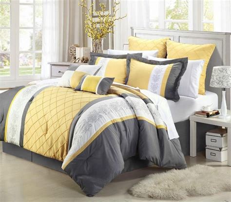 14 Piece Oversize Gray White Yellow Embroidery Comforter