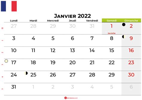 Télécharger Calendrier Janvier 2022 France
