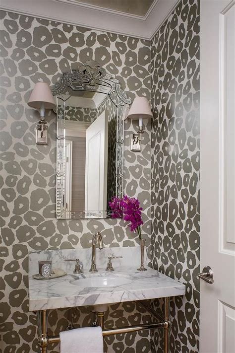 Gray Glam Powder Room Features Walls Clad In Gray Leopard Print