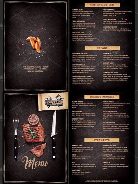 The Menu For A Restaurant Is Shown In Black And Gold Colors With An