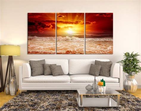 Red Sunset And Sea Wall Art Canvas Print Ocean Waves Wall Art Etsy