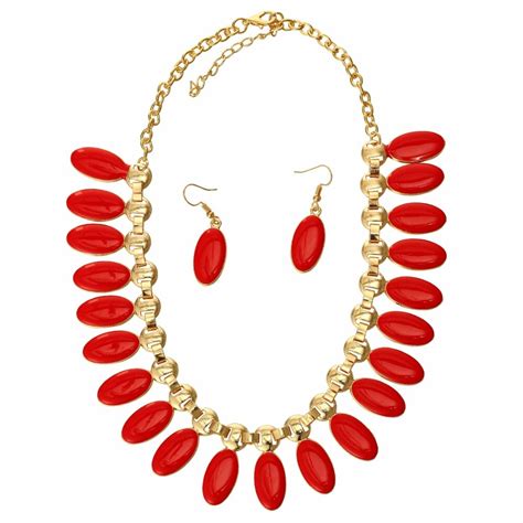 Luxury Red Enamel Beads Statement Jewelry Sets Gold Color Drop Earrings