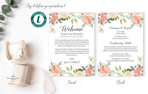 Printable Peach Cream Floral Wedding Welcome Letter Itinerary Double