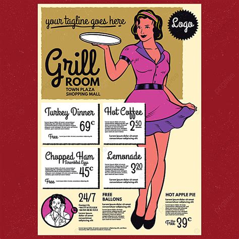 vintage diner poster menu template retro waitress   tray template     pngtree