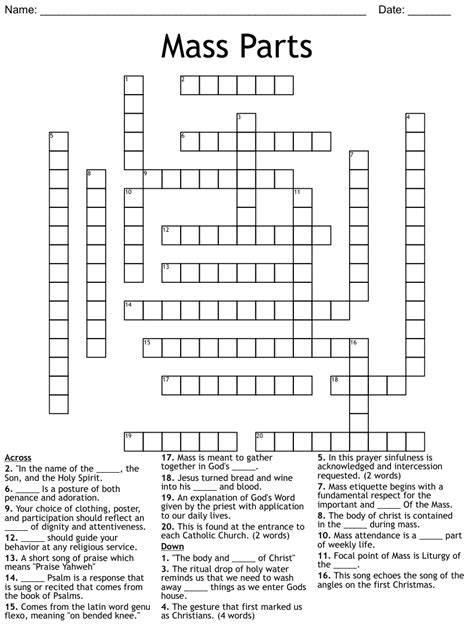 Different Parts Of Mass Crossword Wordmint