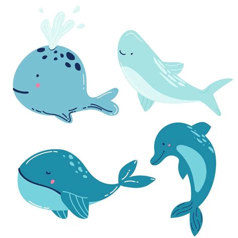 Set Of Marine Mammals Blue Whales Sharks Sperm Whales Dolphins