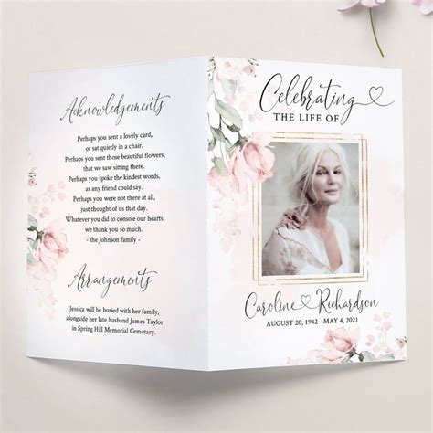 An Open Funeral Program Booklet With Pink Flowers On The Front And Back