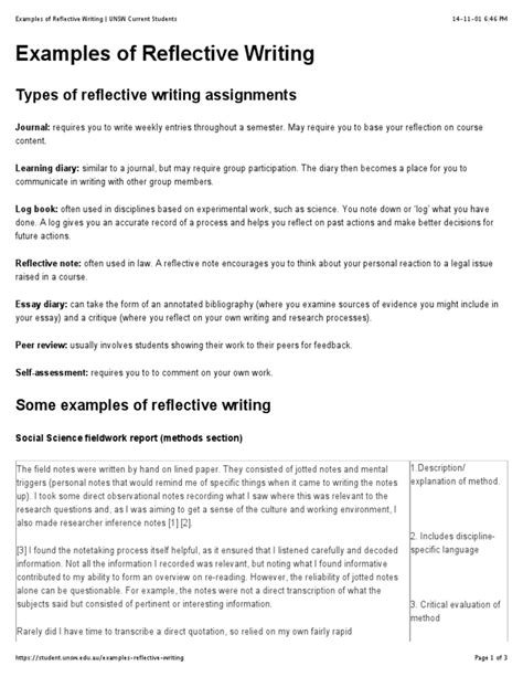 Examples Of Reflective Writing Unsw Current Students