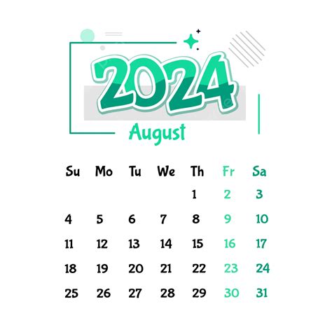 August 2023 Monatskalender Vektor August 2024 Kalender August 2024