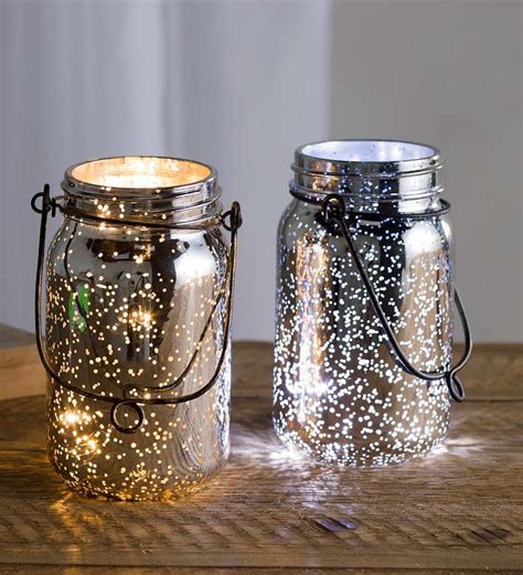 Lighted Mercury Glass Mason Jars Set Of 2 Indoor Holiday Decorations Glass Mason Jars