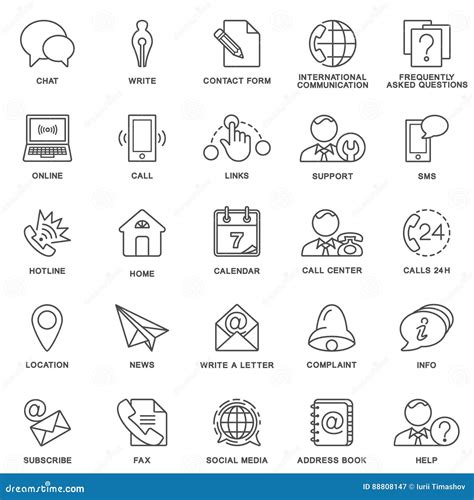 Icons Contact Us Methods Of Communication And Information Thin Lines