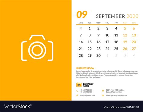 Desk Calendar Template For September 2020 Week Vector Image