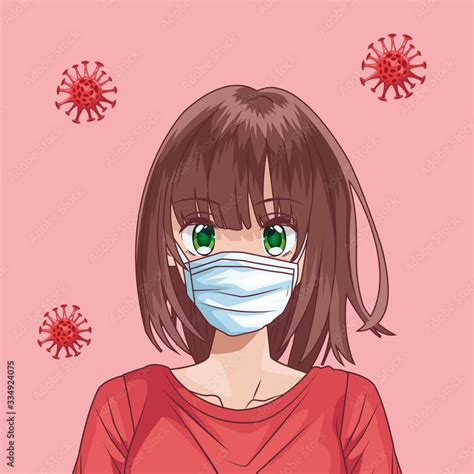 Beautiful Woman With Face Mask And Covid19 Particles Anime Style Stock