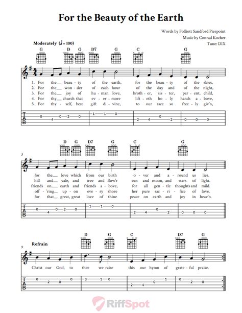 For The Beauty Of The Earth Easy Guitar Sheet Music And Tab With