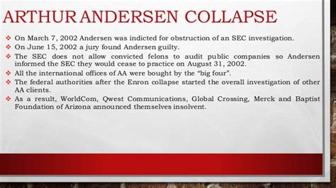 The case is about arthur andersen 's role in accounting fraud at enron; Arthur andersen