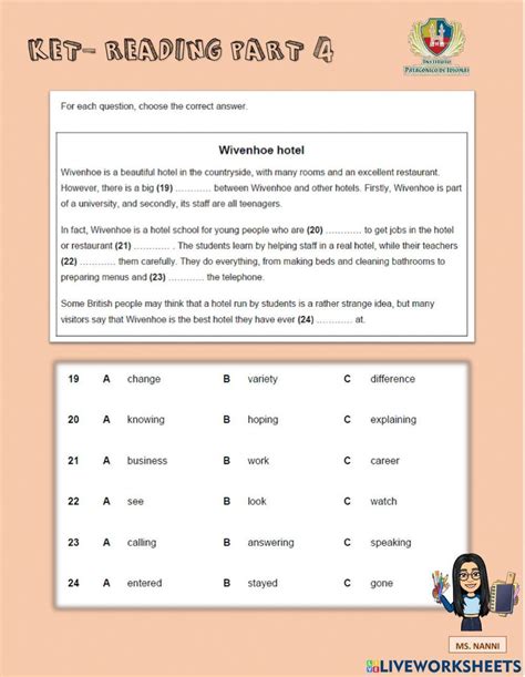 Ket Reading Part 4 Worksheet Live Worksheets