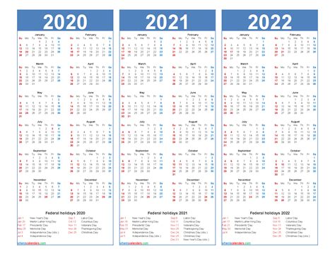 Printable Calendar 2020 2021 2022 With Holidays