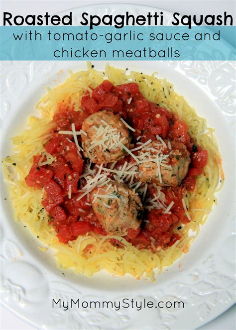 Roasted Spaghetti Squash With Tomato Garlic Sauce And Chicken Meatballs