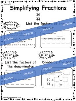 Simplify Fractions Reteach Worksheets By Rethink Math Teacher Tpt