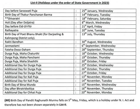 West Bengal Government Holiday List 2023