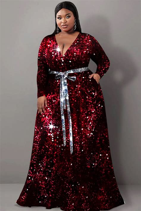 Xpluswear Design Plus Size Semi Formal Dresses Elegant Red All Over Print V Neck Long Sleeve