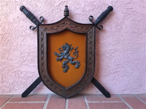 vintage coat of arms shield metal swords wood wooden lion plaque gold velvet 59 50 picclick