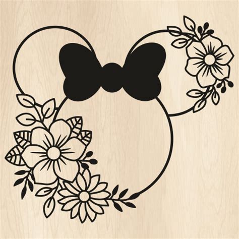 Disney Minnie Floral Svg Minnie Mouse Flower Design Vector File Floral Minnie With Bow Svg